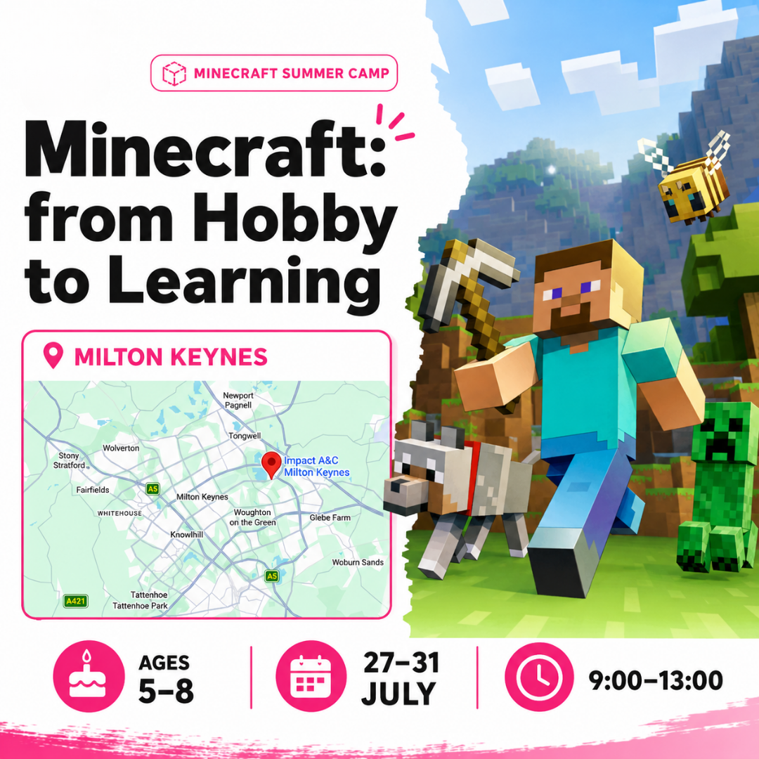 Impact Milton Keynes Facebook ad: Minecraft Summer Camp for kids in Milton Keynes