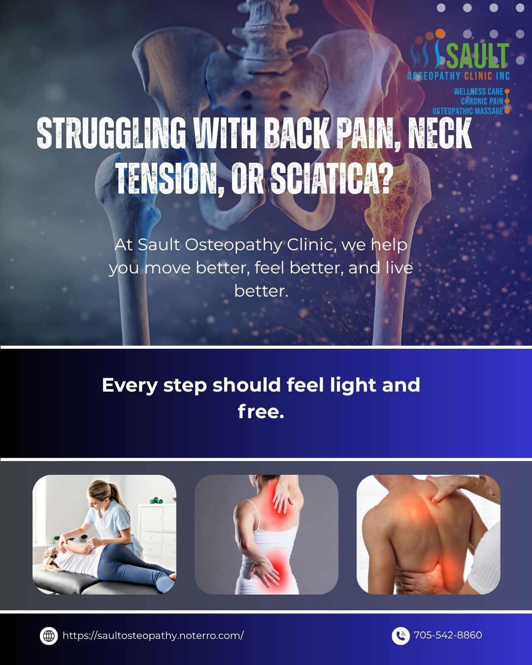 Sault osteopathy clinic Facebook ad: Pain Relief, New Patients