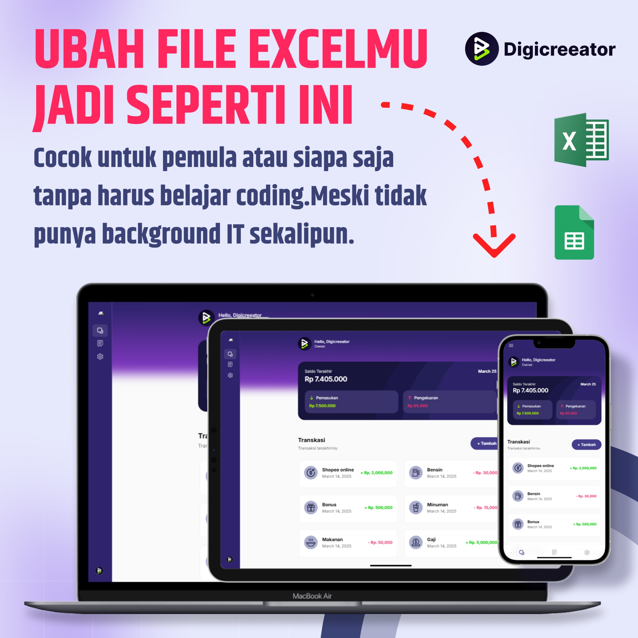 Digicreeator Facebook ad: Capek Scroll Excel di HP? Ubah Jadi Aplikasi Tanpa Coding!