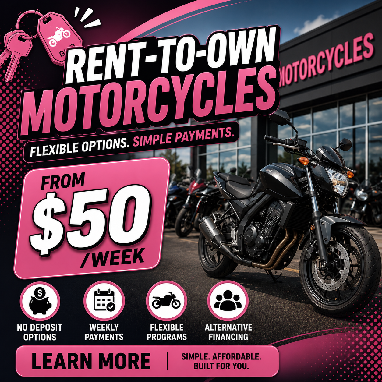 Everyday Guide Facebook ad: Rent-to-Own Motorcycles From $50/Week