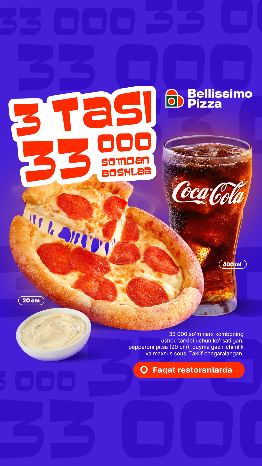 Bellissimo Pizza Uzbekistan Facebook ad: Комбо 3, всего от 33 000 сум