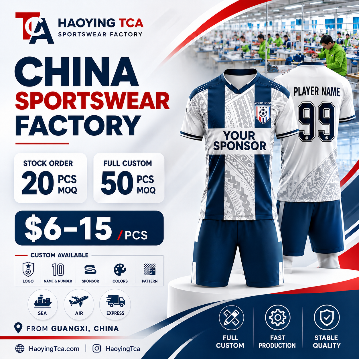 HaoYing TCA Garment Factory Facebook ad: China Custom Sportswear Factory