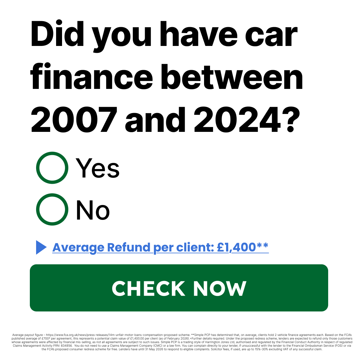 PCP Claim Checker Facebook ad: Find Your Car Finance Agreements