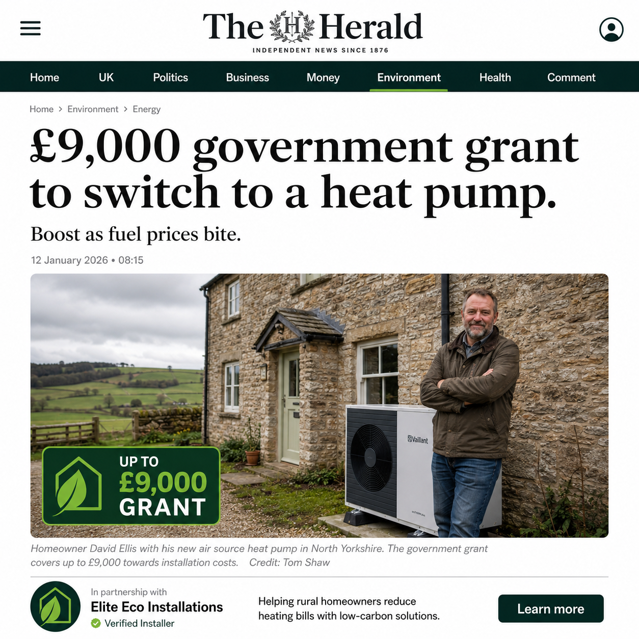 Elite Eco Installations Facebook ad: £9,000 Off Your Heat Pump