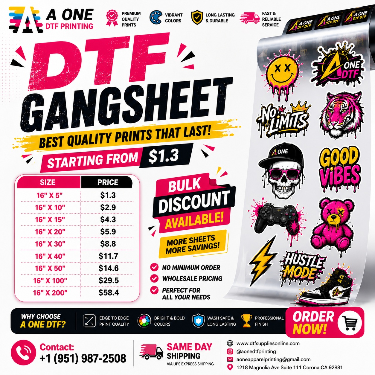 A One Apparel Printing Facebook ad: DTF Gang Sheets starting at just $1.30!