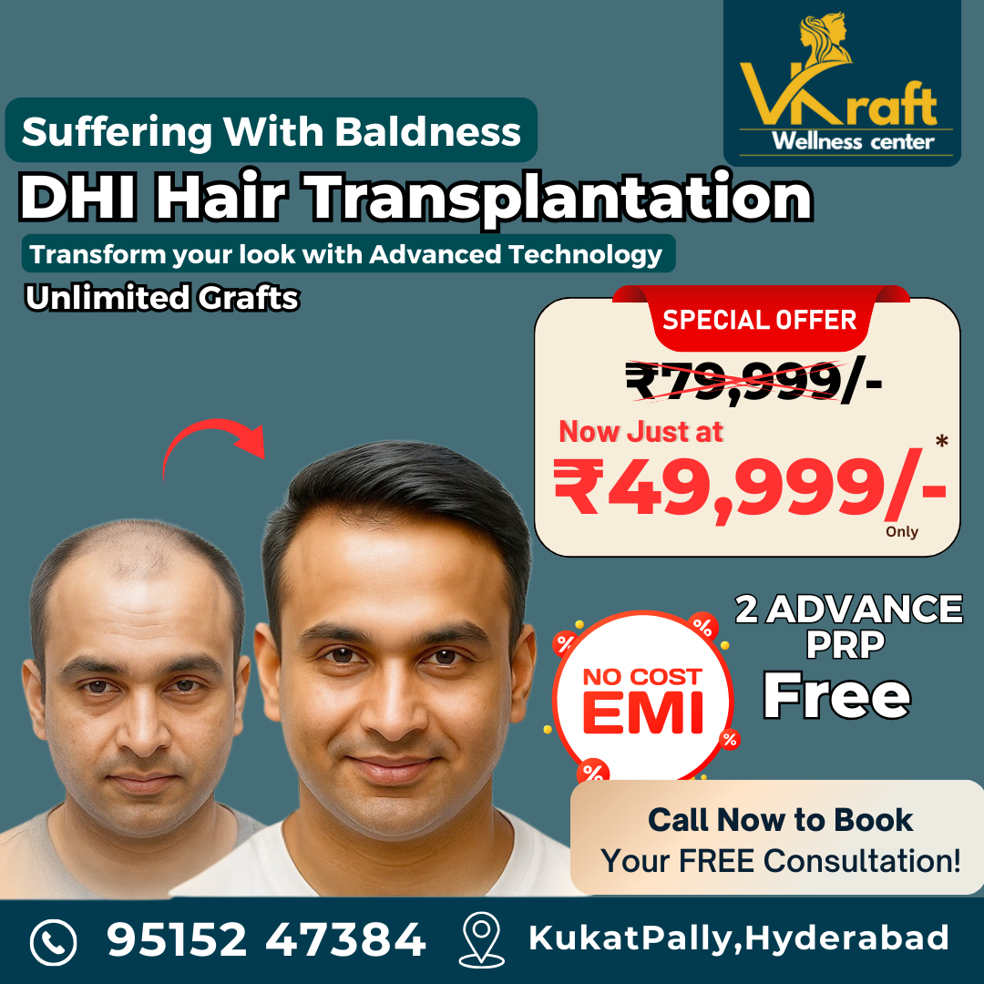 VKraft Wellness Center Facebook ad: Flat 50% OFF: Hair Transplant @ ₹49,999 only!