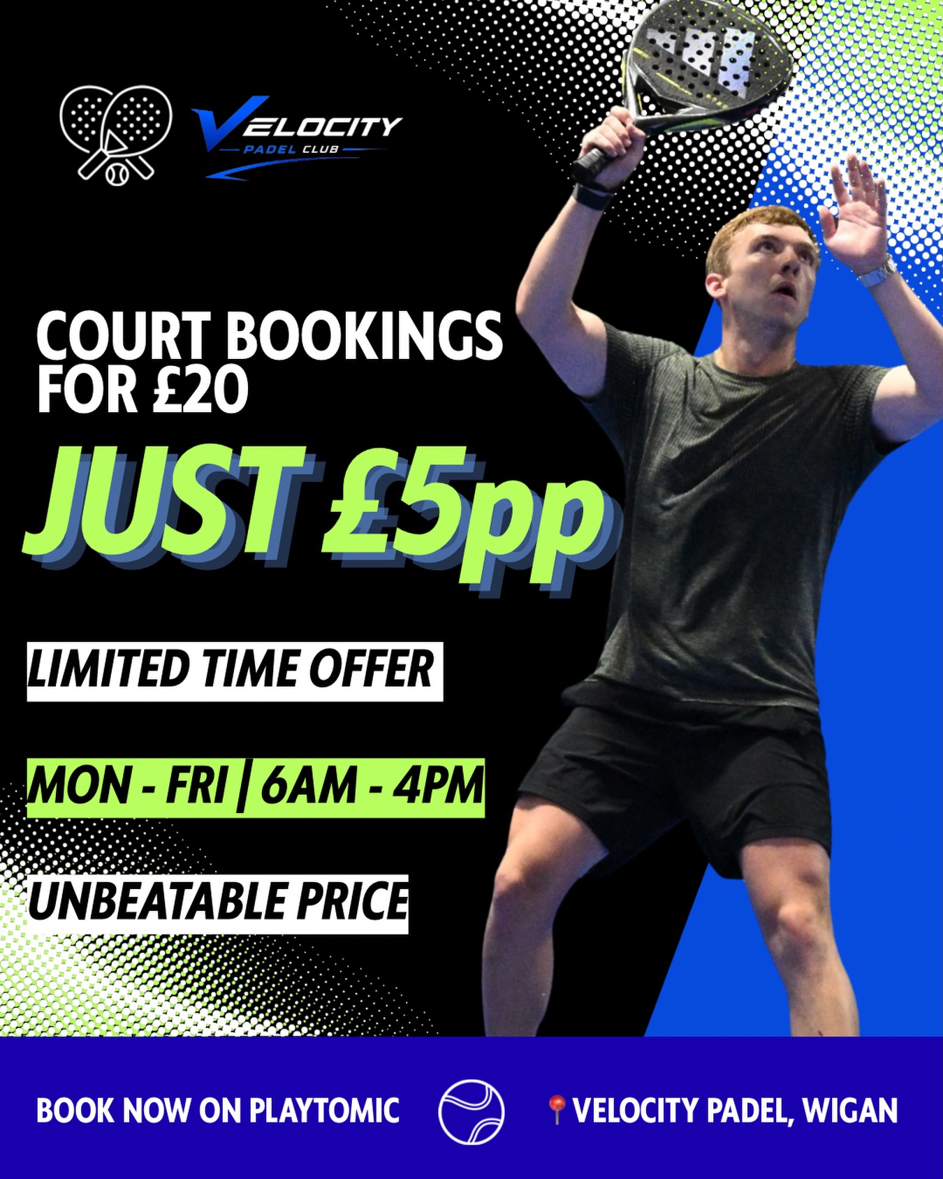 Velocity Padel Wigan Facebook ad: Book a court for only £20!