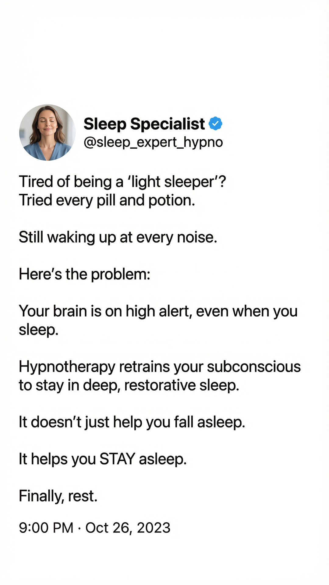 Hypnotherapy for Weight Loss Facebook ad: Designed for Long-Term Sleep Balance