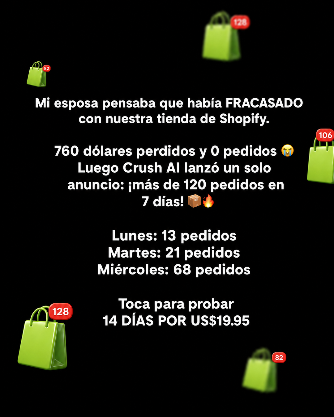 trycrush.ai Facebook ad: 760 dólares perdidos. Luego, 120+ pedidos
