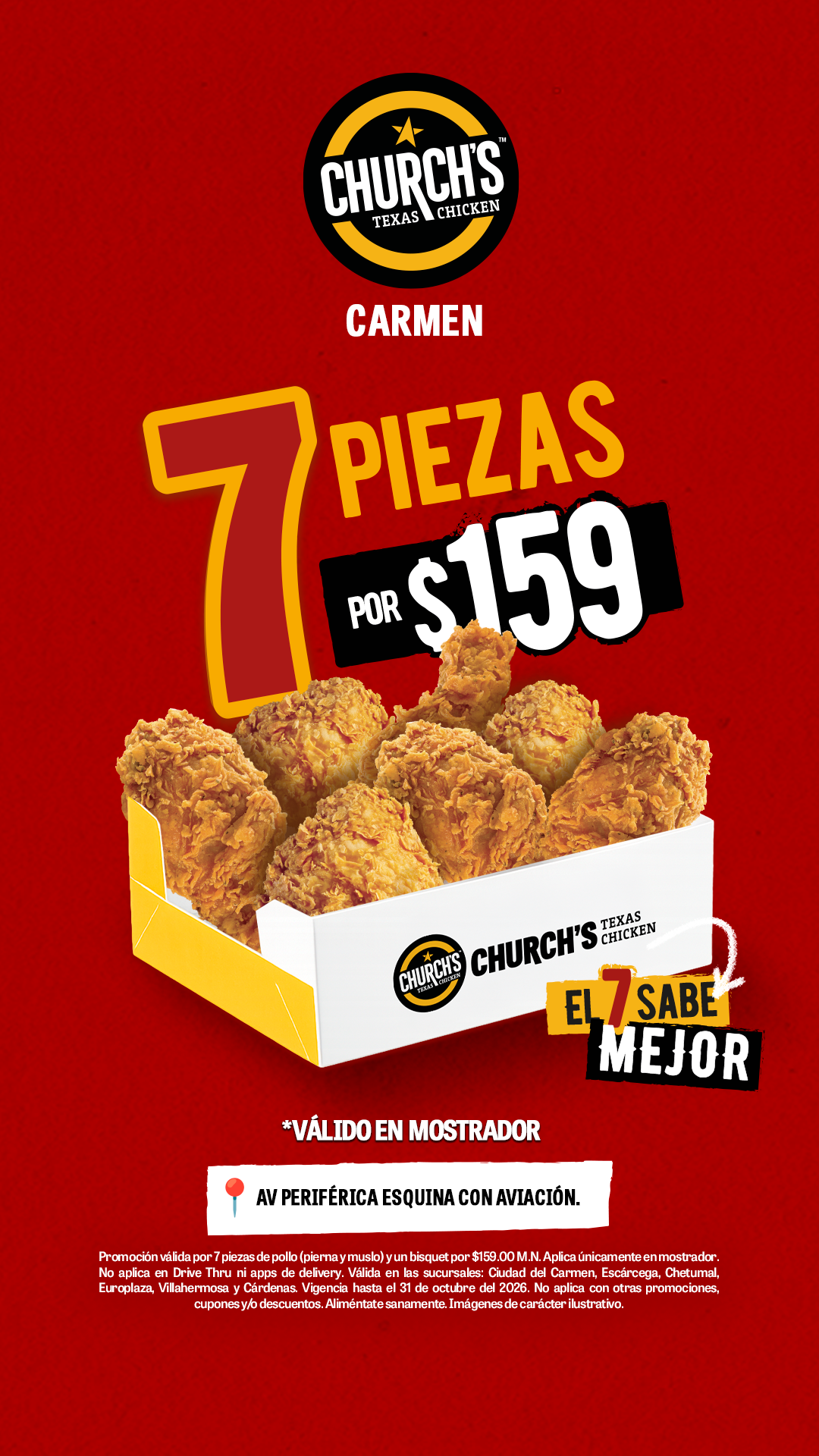 Churchs Texas Chicken MX Facebook ad: Church's Texas Chicken Carmen · Av. Petrolera S/N…