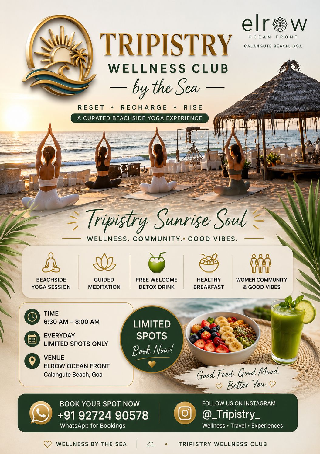 Tripistry Facebook ad: Reset. Recharge. Rise. Join our Sunrise Yoga!
