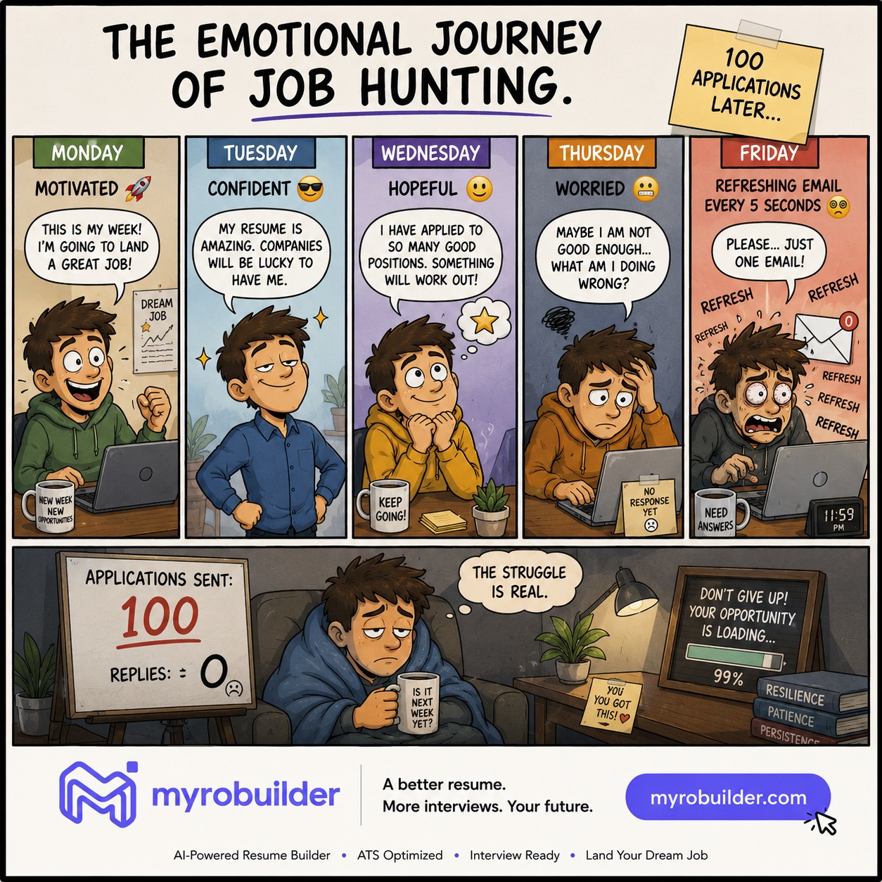 Myro Builder Facebook ad: The 5 stages of job hunting.