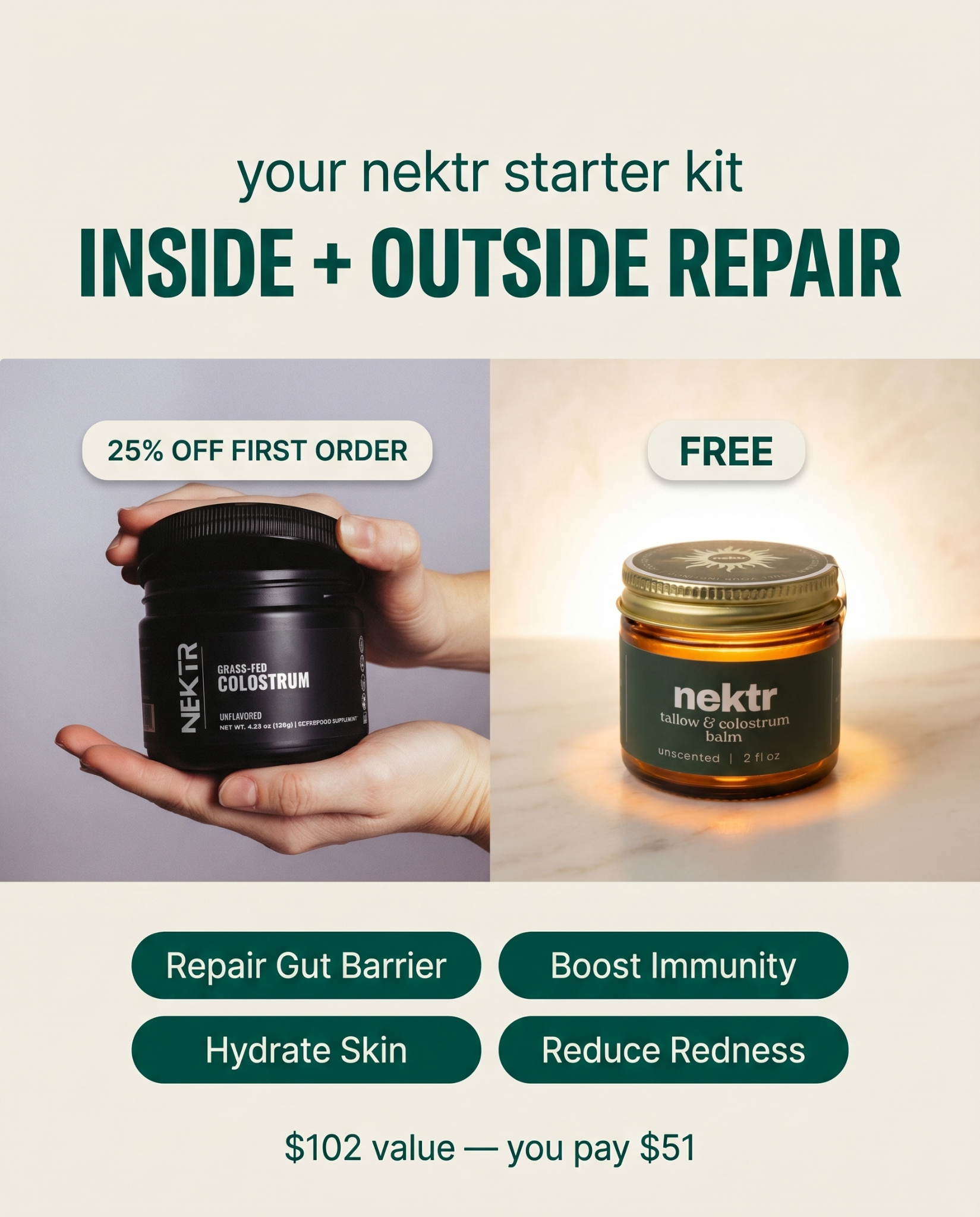 GET NEKTR Facebook ad: 25% OFF Subscription + FREE Tallow Balm