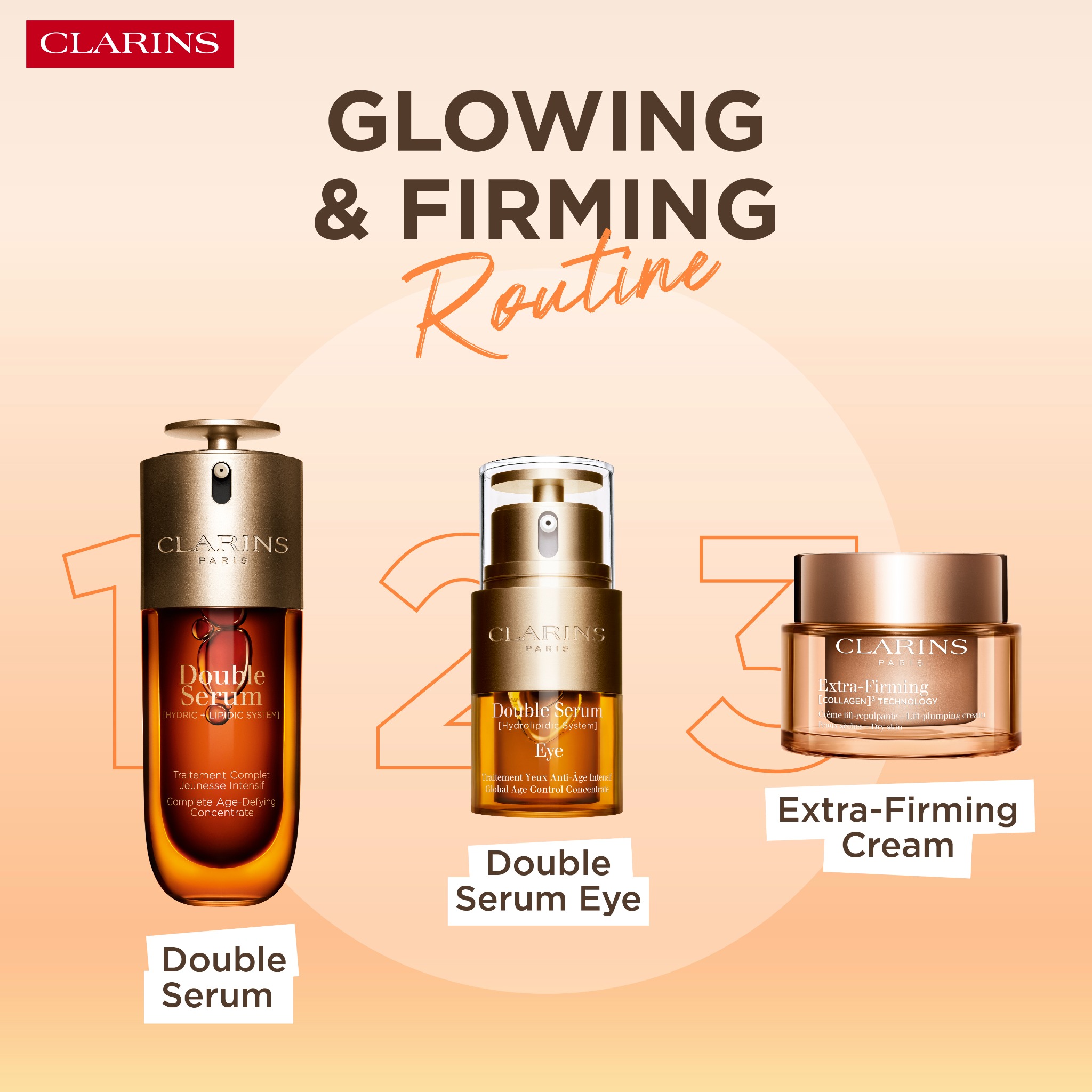 Clarins Facebook ad: Glowing & Firming Routine ขั้นตอนบำรุงผิวง่ายๆ 3 ขั้นตอน