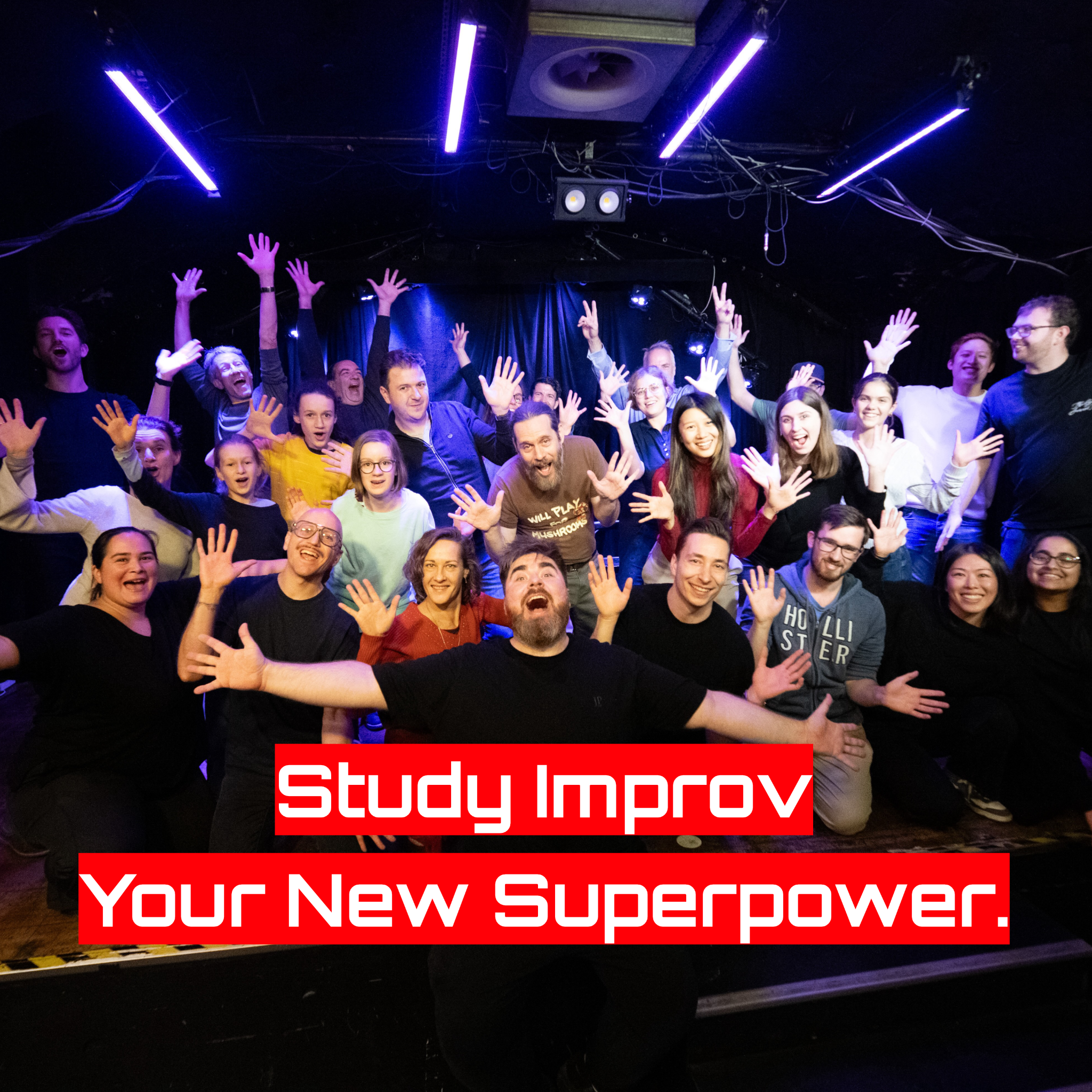 American Improv - English Improvisational Theater in Vienna, Austria Facebook ad: Get out of your head and into the moment.