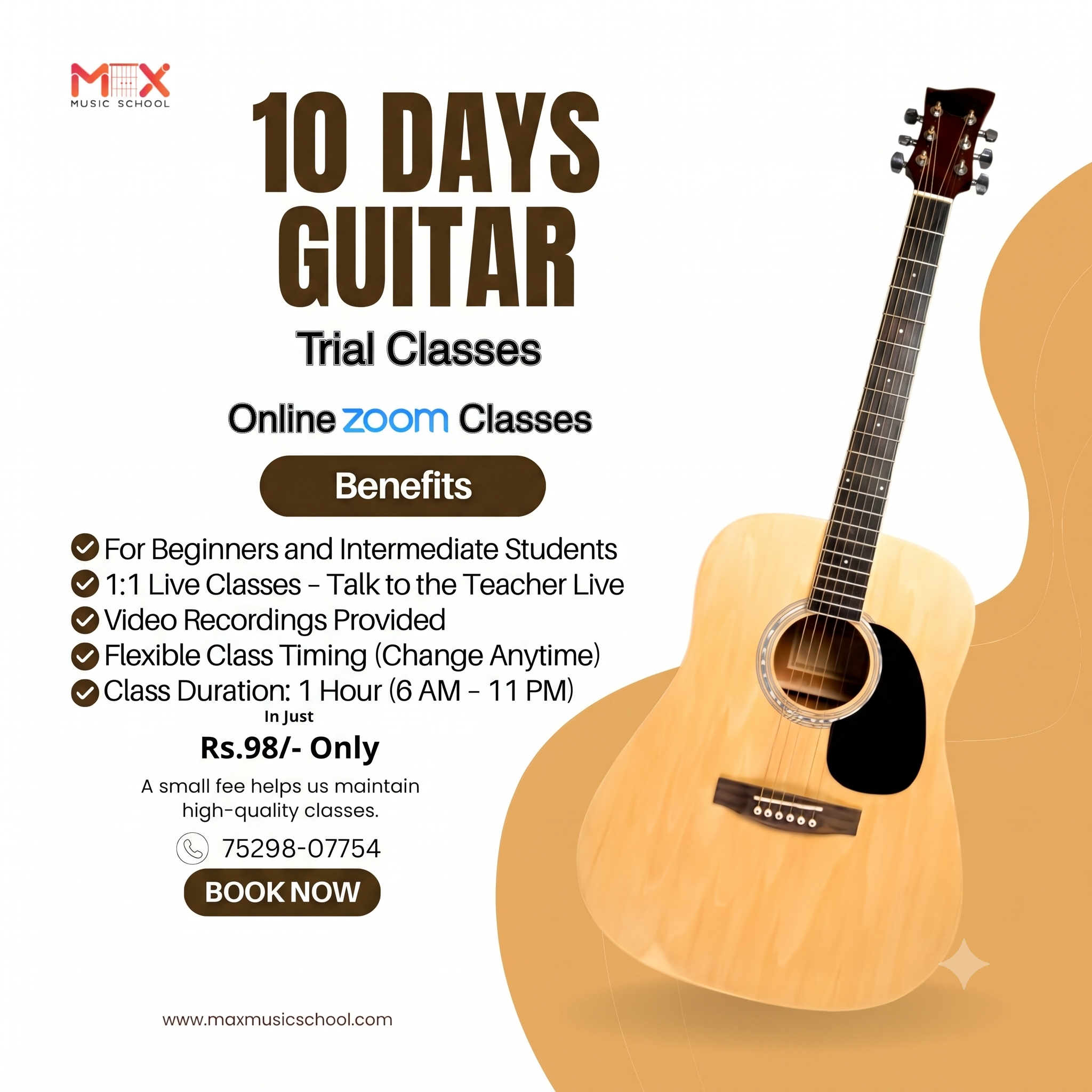 Max Music school Facebook ad: Online Guitar Trial Classes, Learn Guitar Live from Home…
