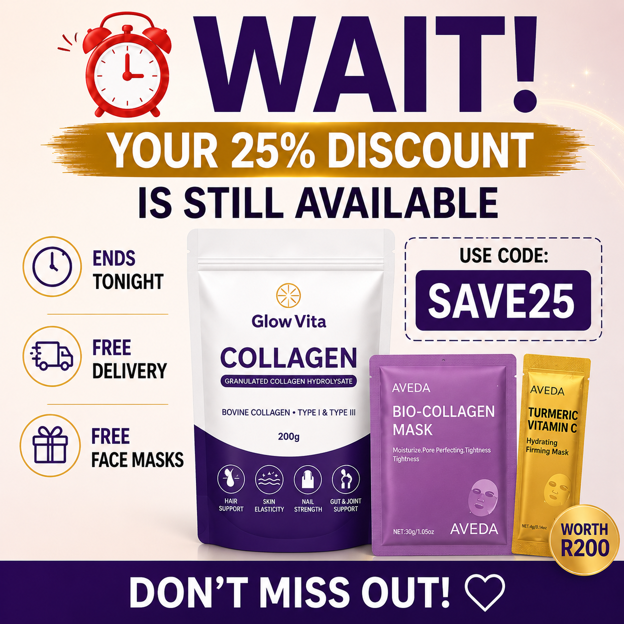 Aveda Labs Facebook ad: 25% Off + Free Gifts, Once It's Gone It's Gone