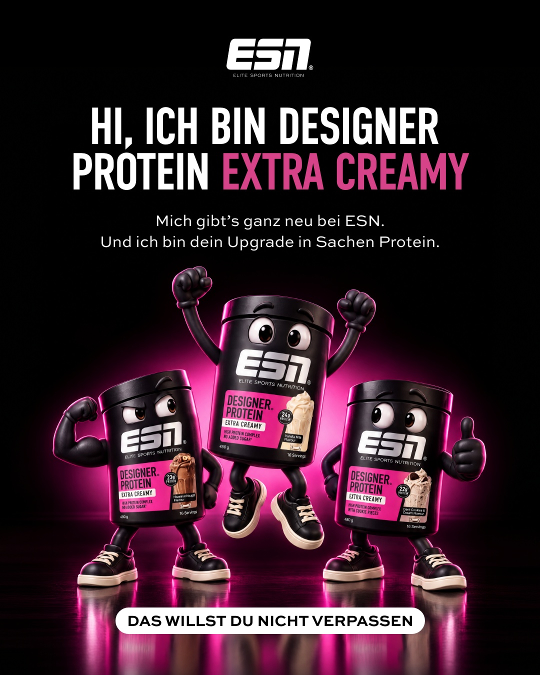 ESN Facebook ad: Du wählst deinen Proteinshake nach den Nährwerten.