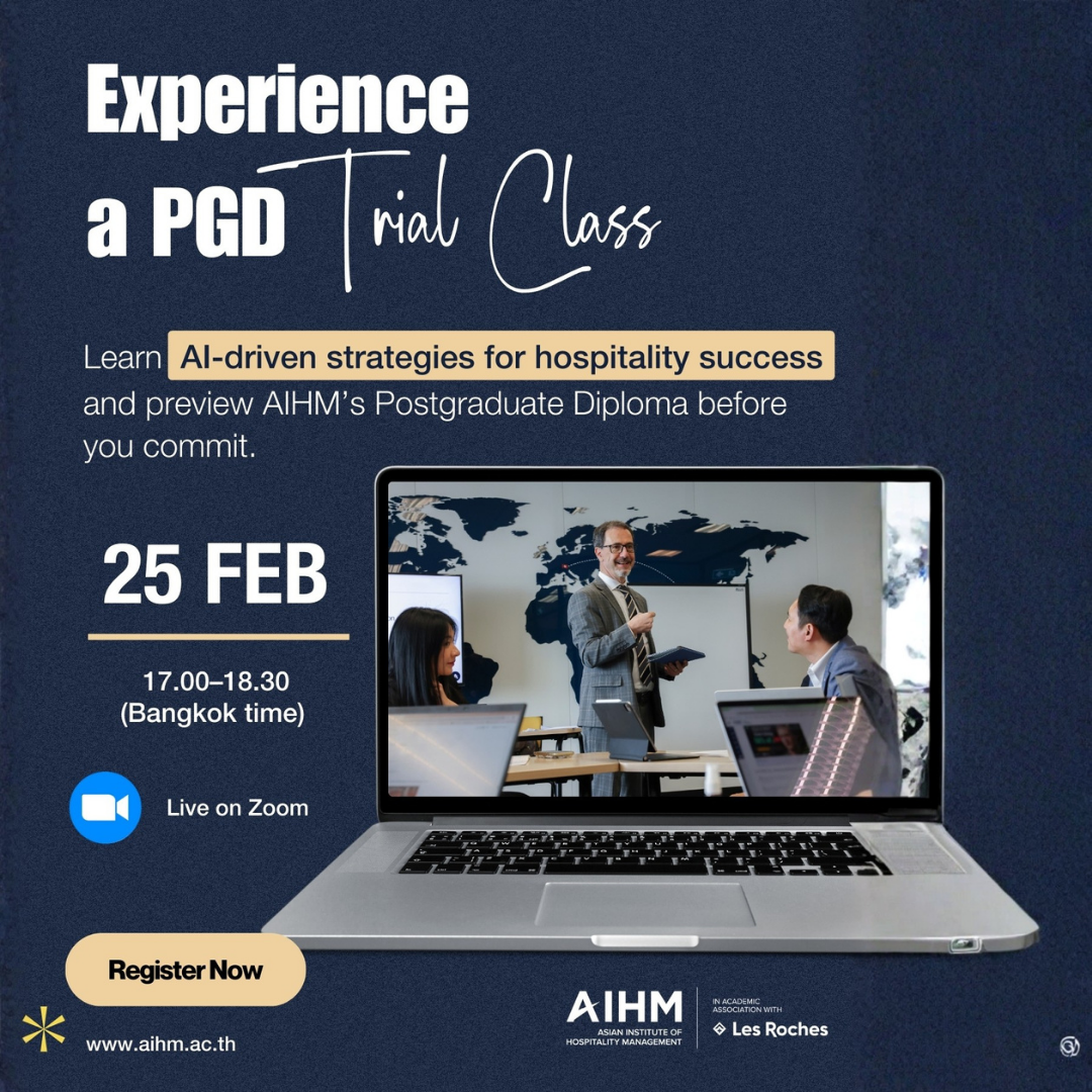 Asian Institute of Hospitality Management Facebook ad: Experience a real PGD trial class