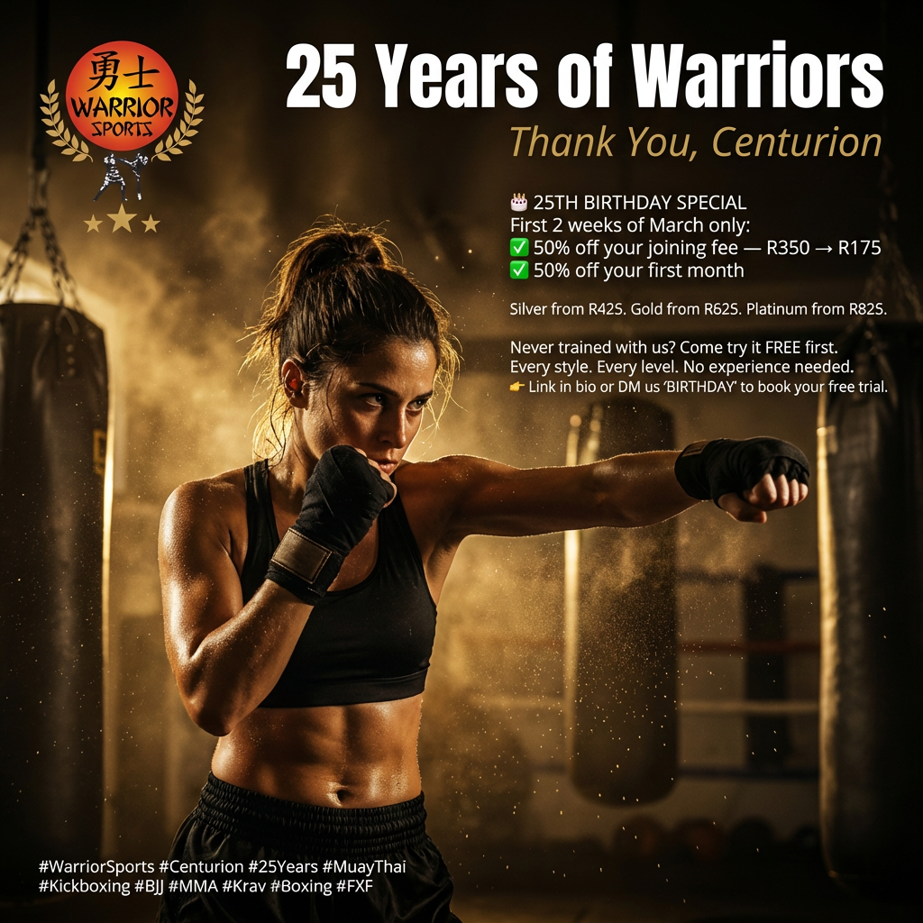 Warrior Sports and Fun-X-Tional Fitness Facebook ad: 25 Years. 50% Off. First 2 Weeks of March Only.