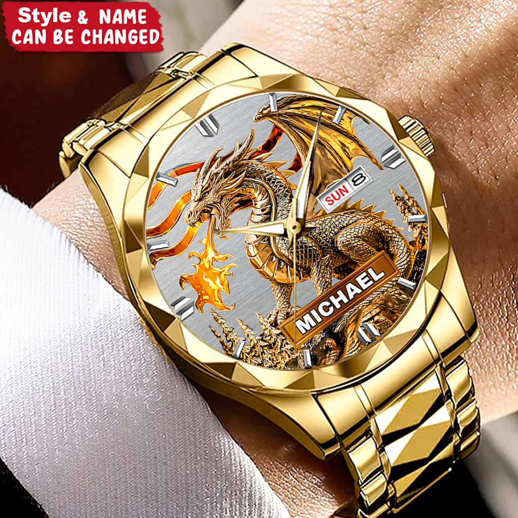 Caeliv Gift Facebook ad: Custom Golden Flame Dragon Watch - Personalized Name…
