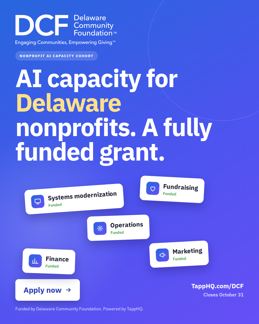 TappHQ - The Operational Intelligence Platform for Mission-Driven Orgs Facebook ad: Fully funded AI grant for Delaware nonprofits