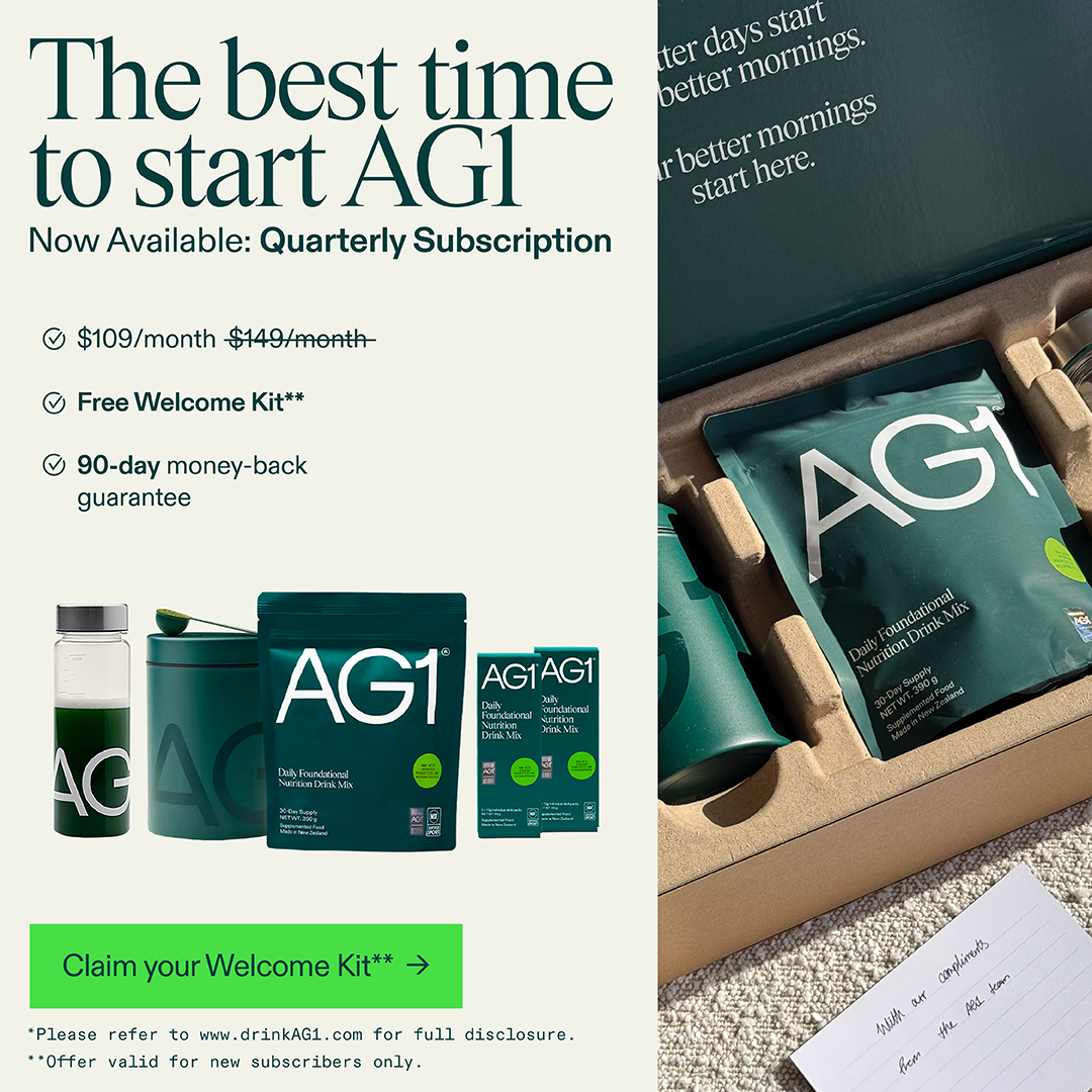 AG1 by Athletic Greens Facebook ad: Free Welcome Kit Worth 76 USD**