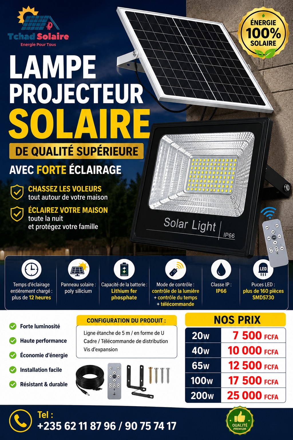 Tchad Solaire Facebook ad: Lampe projecteur solaire de qualité supérieure avec forte…