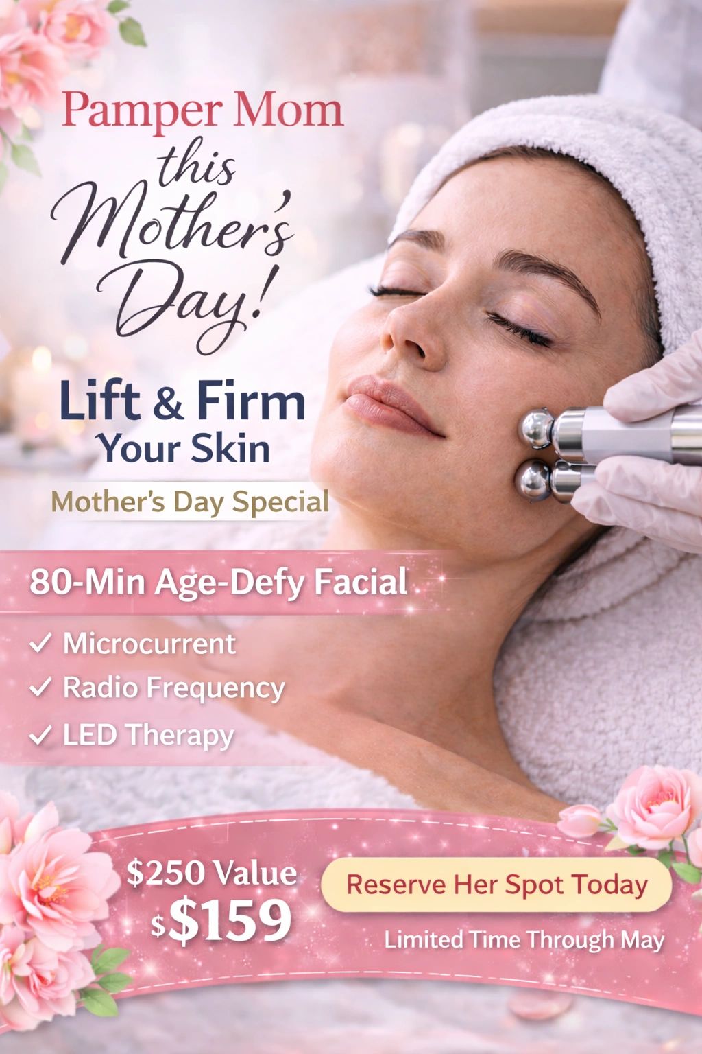 Hopeful Beauty & Wellness Studio Facebook ad: Lift & Firm Your Skin, Mother’s Day Special