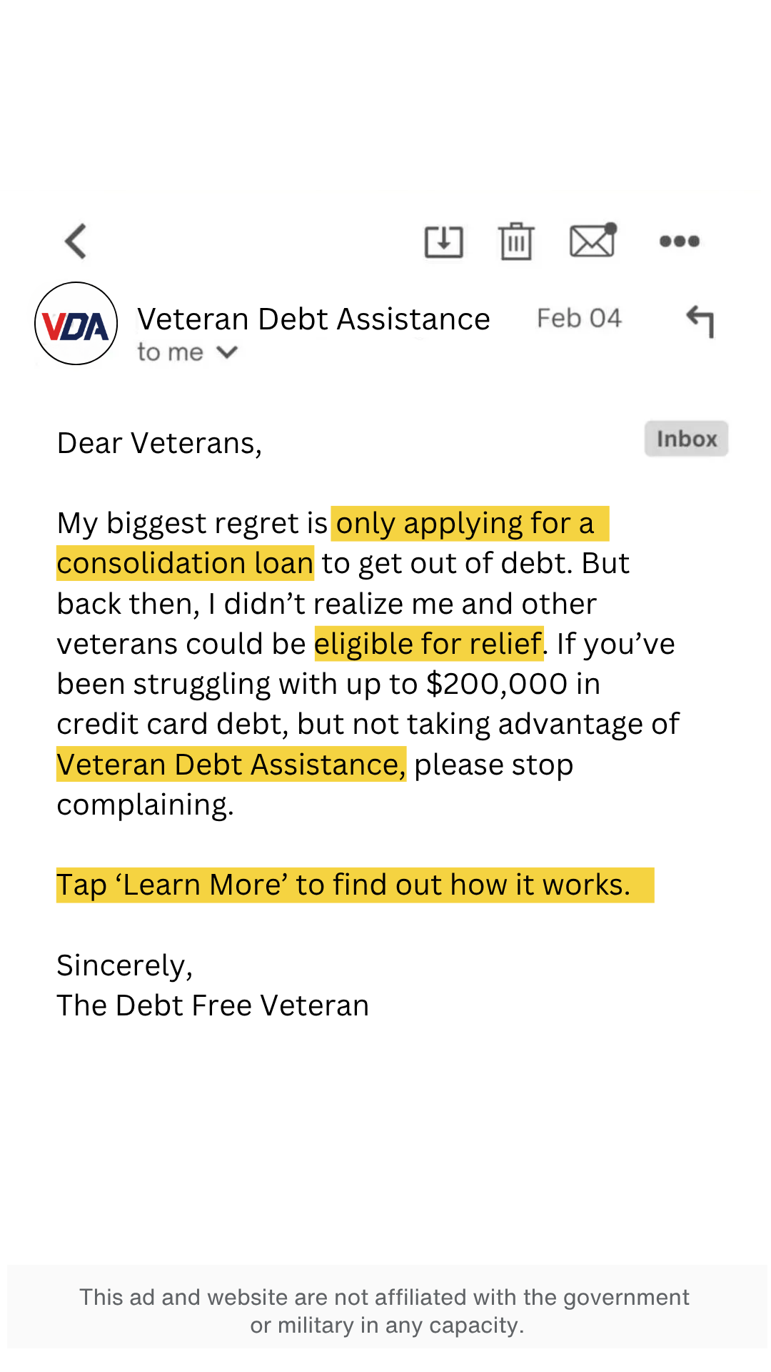 Veteran Debt Assistance Facebook ad