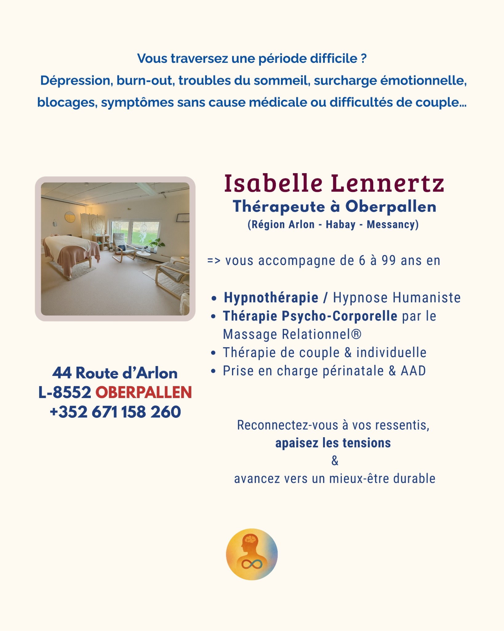 Isabelle Lennertz Hypnose Humaniste Massage et Thérapie Psycho-corporelle Facebook ad