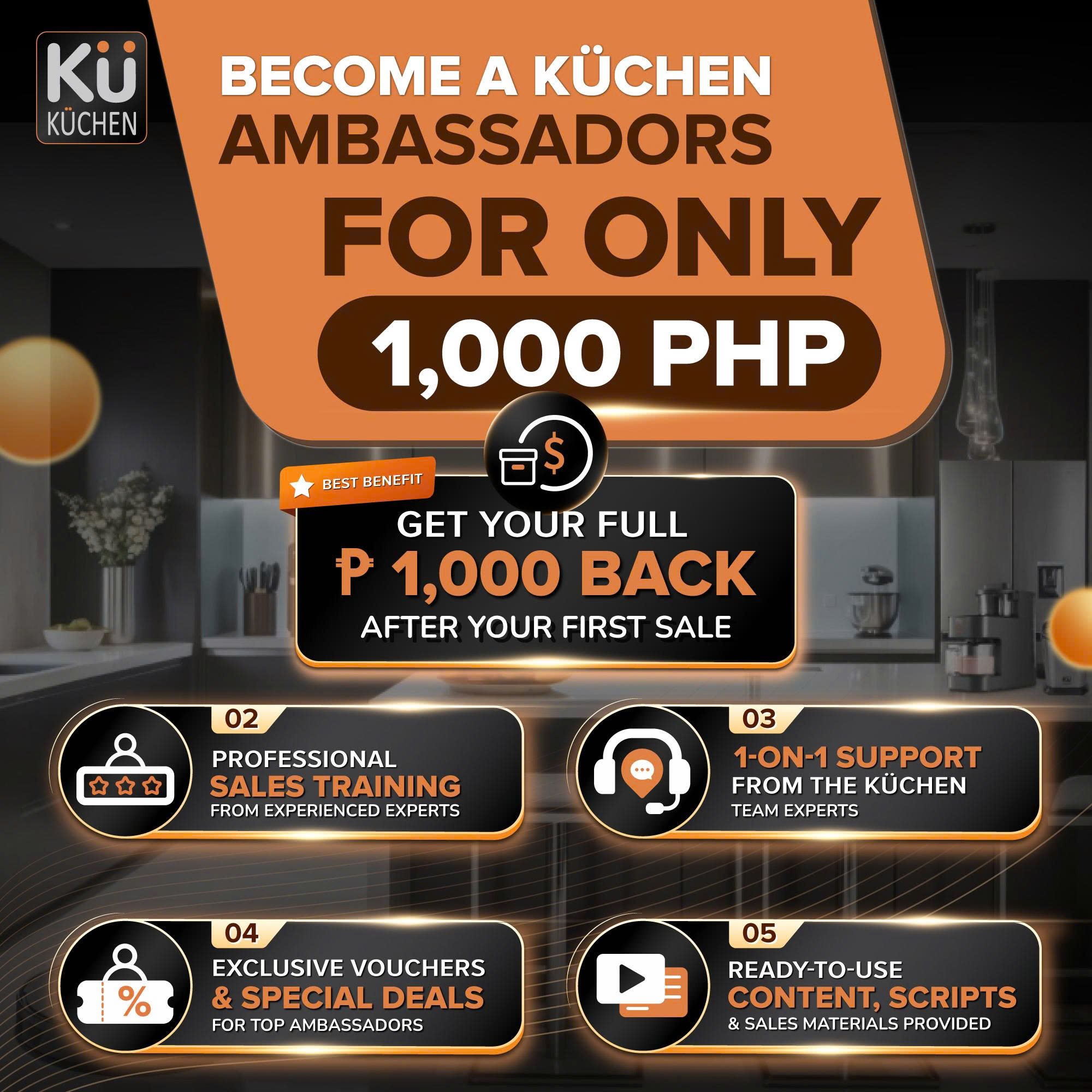 Kü Küchen Business Partner PH Facebook ad: BECOME A KÜCHEN AMBASSADOR FOR ONLY ₱1,000!