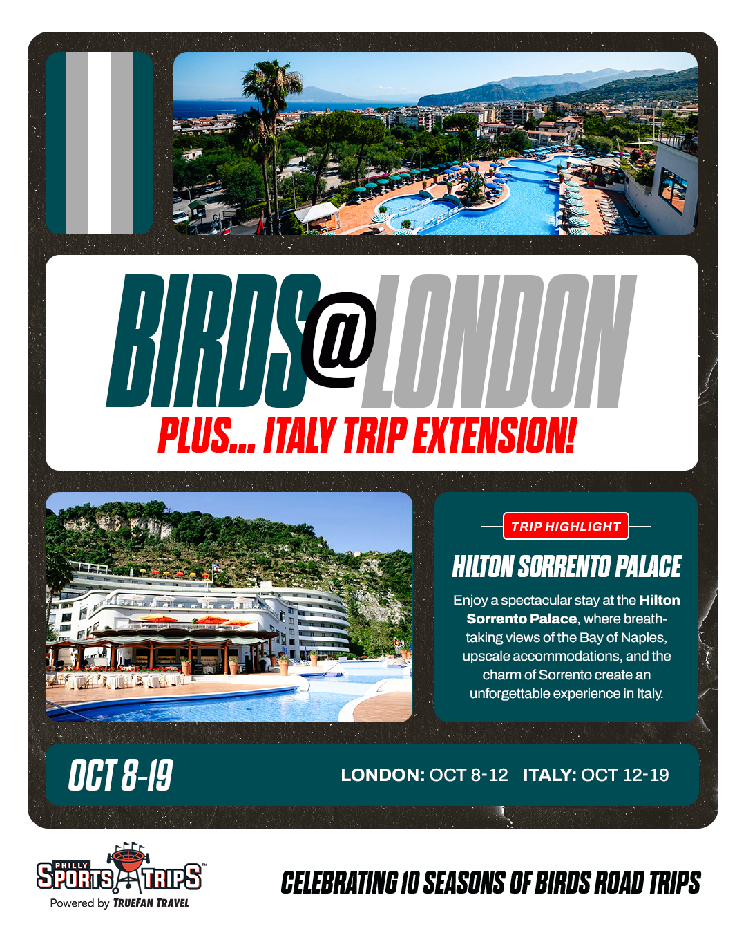 Philly Sports Trips Facebook ad: Birds @ London + Italy Trip Extension
