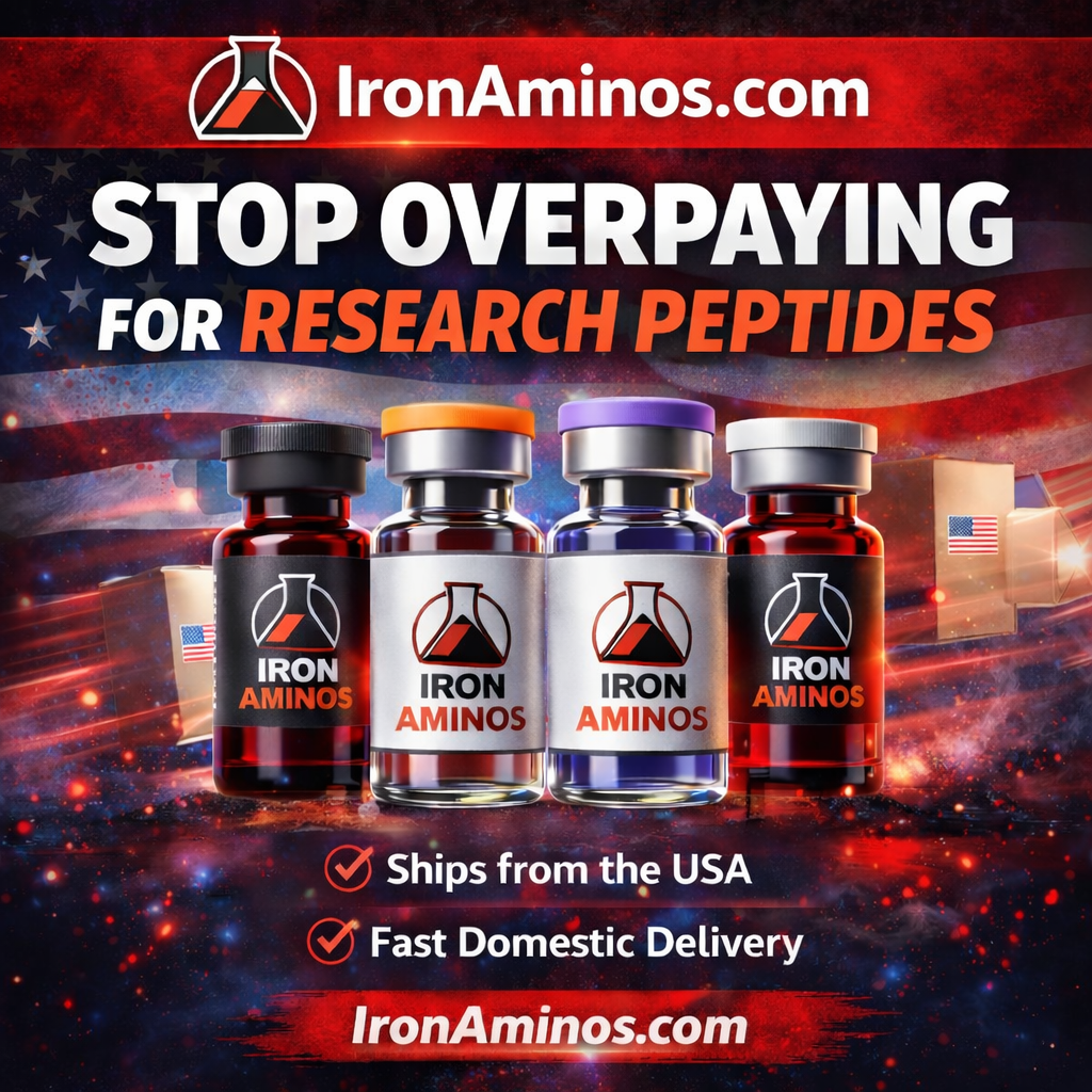 IronAminos.com Facebook ad: Stop Overpaying for Research Peptides
