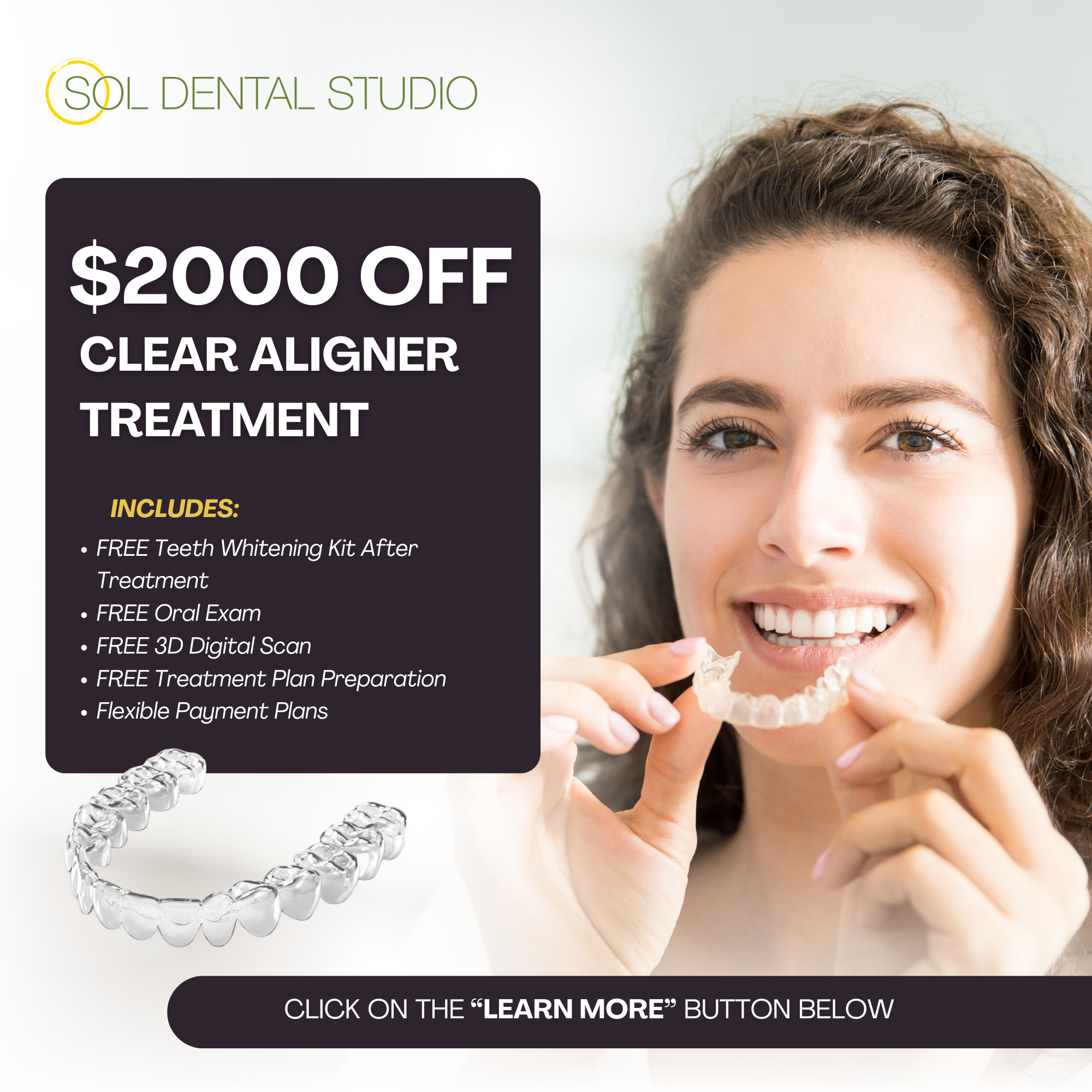 Sol Dental Studio Facebook ad: Hello Oakville! $2000 OFF Clear Aligner Spring Special is…