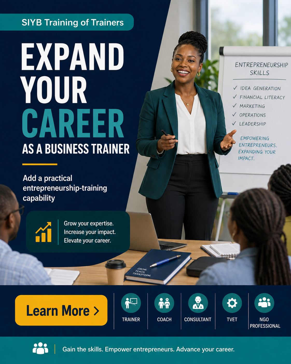 Elimu Masters Hub Facebook ad: Expand Your Career as a Business Trainer