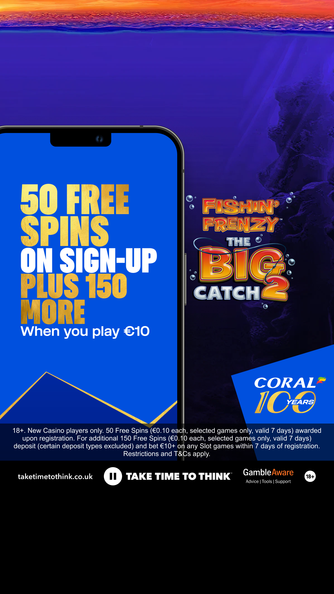 Coral Facebook ad: 50 Free Spins on Sign-Up Plus 150 More