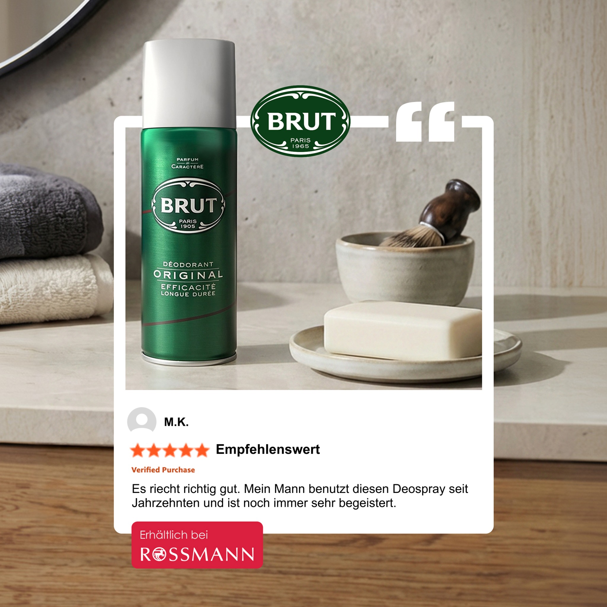 BRUT Facebook ad: Brut Deospray, jetzt bei Rossmann erhältlich.