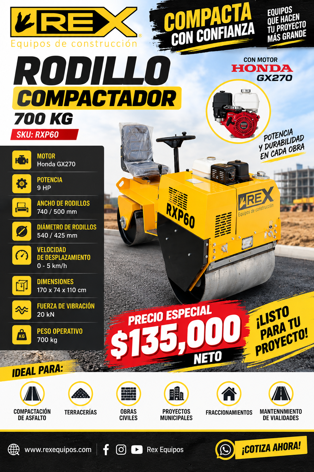 Rex Equipos de Construcción Facebook ad: RODILLO 700KG