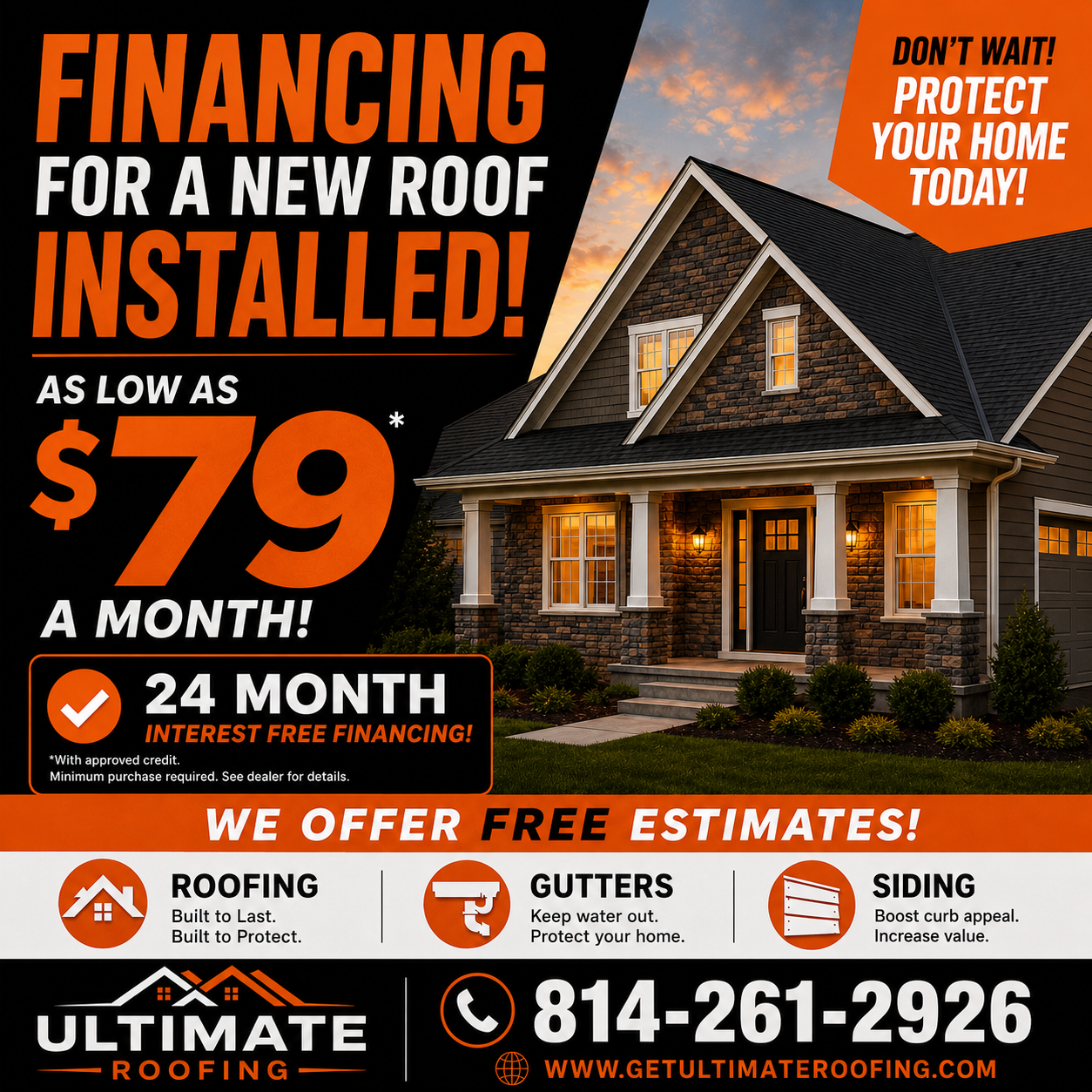 Ultimate Roofing Facebook ad: $0 Down New Roof?! Approved in 60 Seconds!