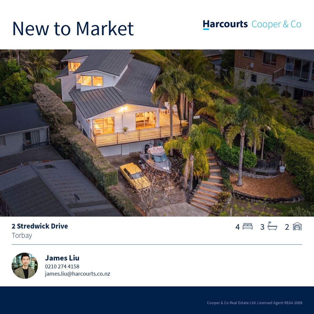 James Liu-Harcourts Cooper & Co Facebook ad: 2 Stredwick Drive, Torbay