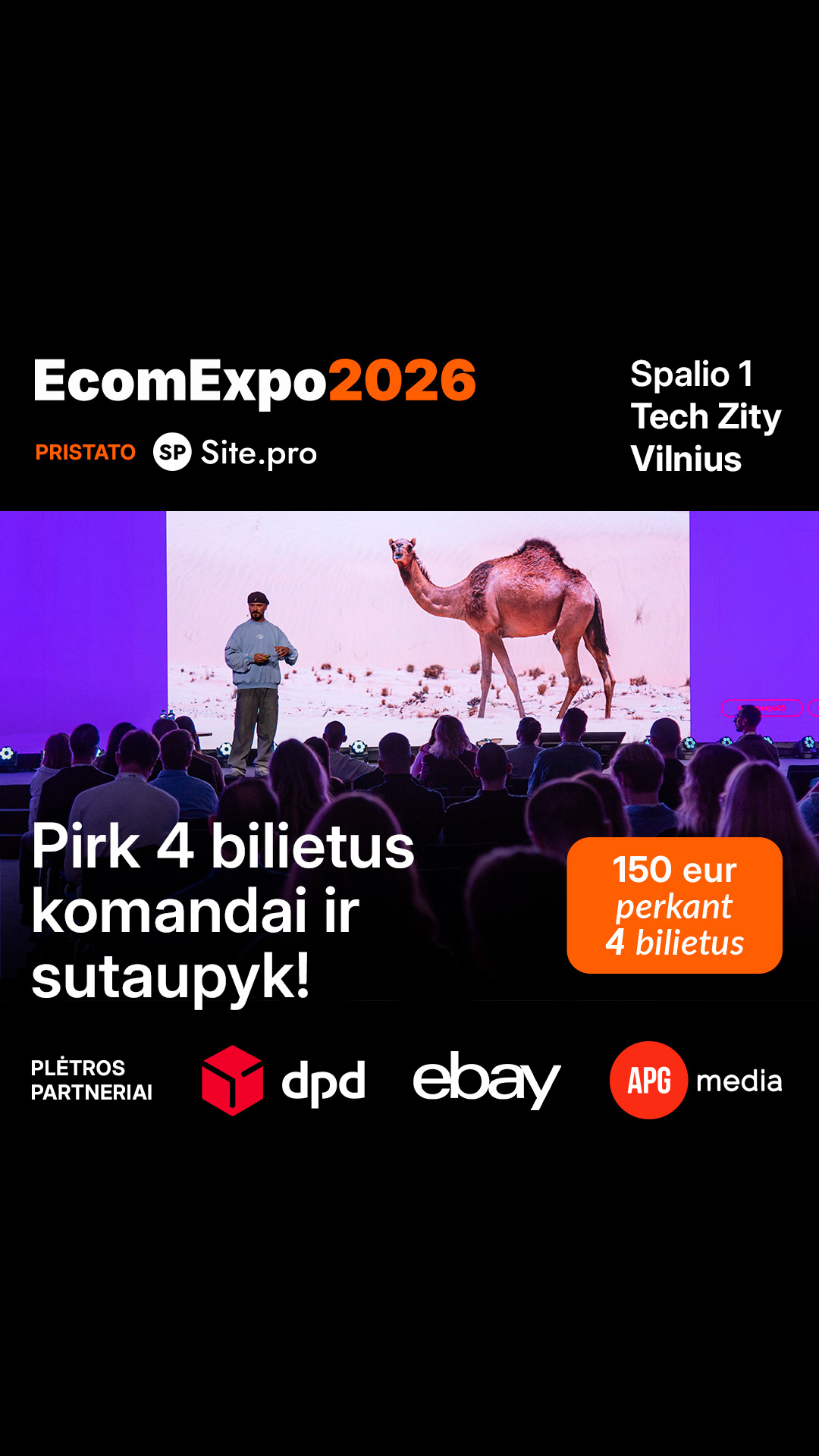 Ecomexpo Facebook ad: 1 vnt. bilietas = 240€. Perkant 4 bilietus 1vnt. = 150€