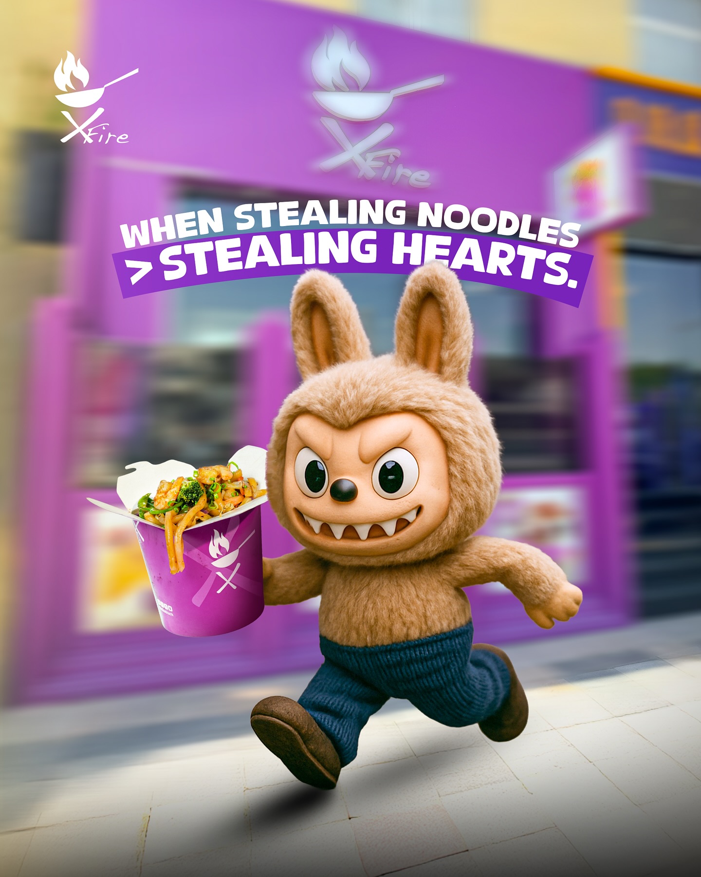 X Fire Restaurant UAE Facebook ad: Catch Labubu if you can, XFireTruck noodles got…