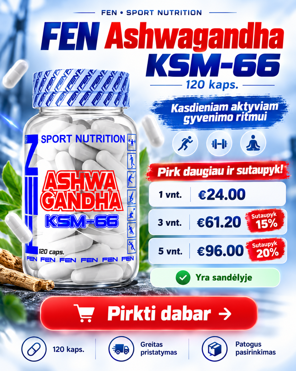 FEN sport nutrition- papildai sportui Facebook ad: FEN Ashwagandha KSM-66, nuo 24 €