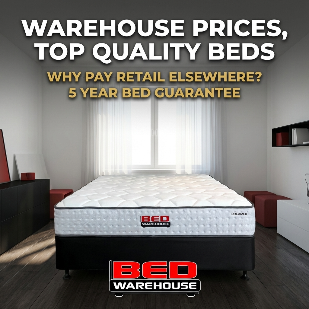 Bed Warehouse Facebook ad: Premium Comfort, Warehouse Prices