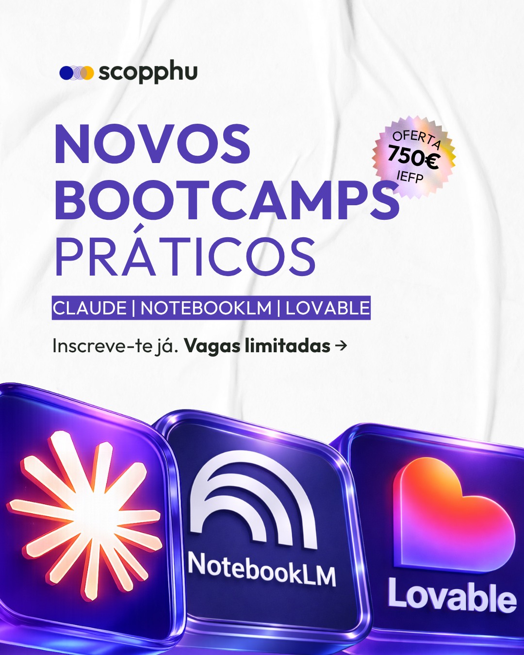 Scopphu Facebook ad: Inscreve-te num dos novos bootcamps práticos de IA…
