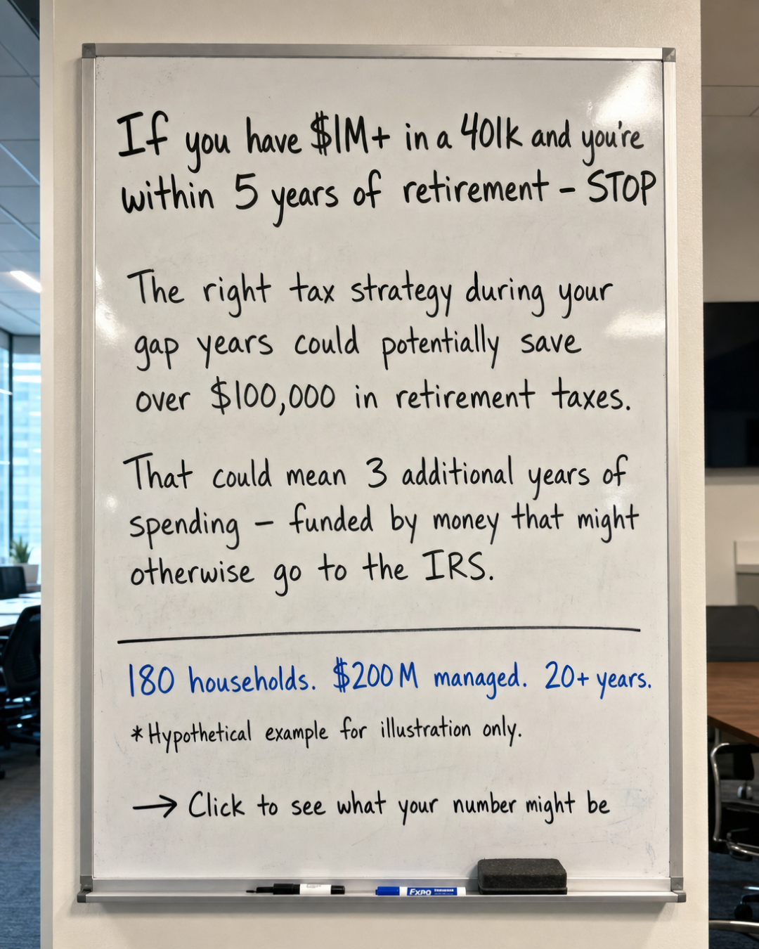 Welch Financial Planning, LLC Facebook ad: Your 401k Tax Window May Be Closing
