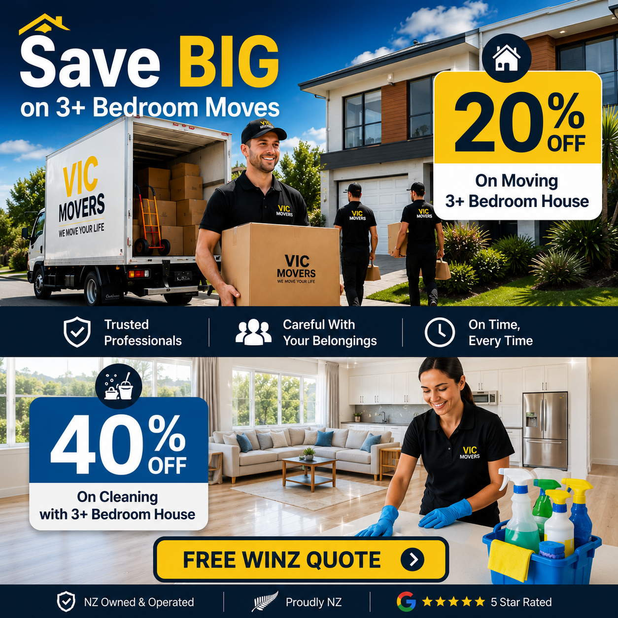 Vic Movers Facebook ad: EXTRA 20% OFF on 3+ Bedroom Moves. 40% OFF On Cleaning.