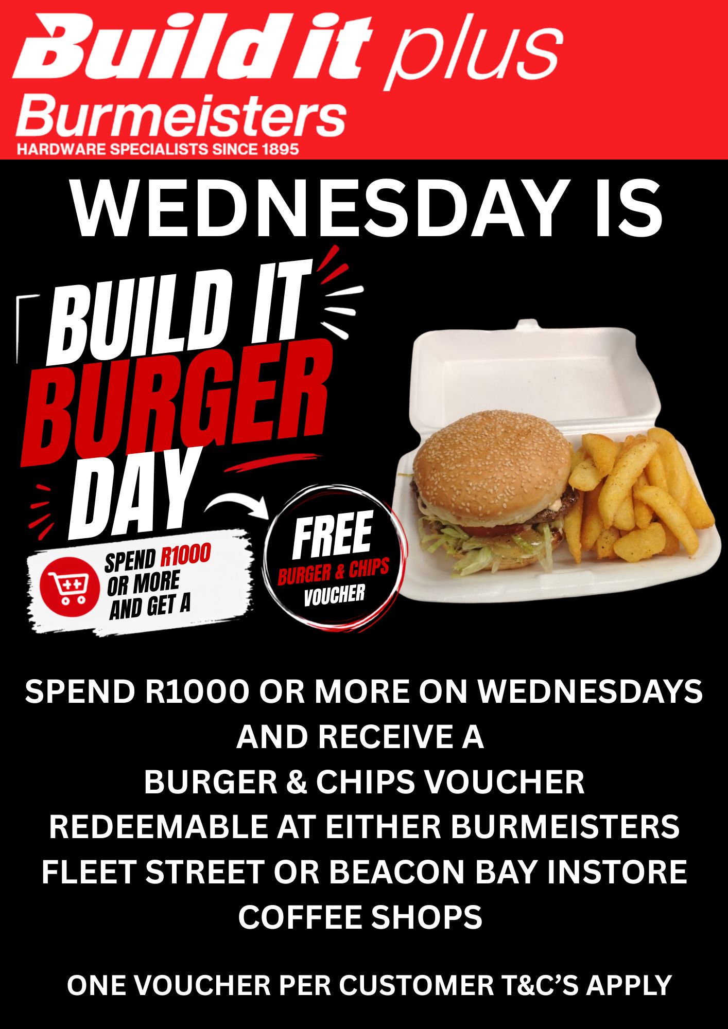 Build It Burmeisters Fleet and Beacon Bay Facebook ad: BUILD IT BURGER DAY IS HERE!