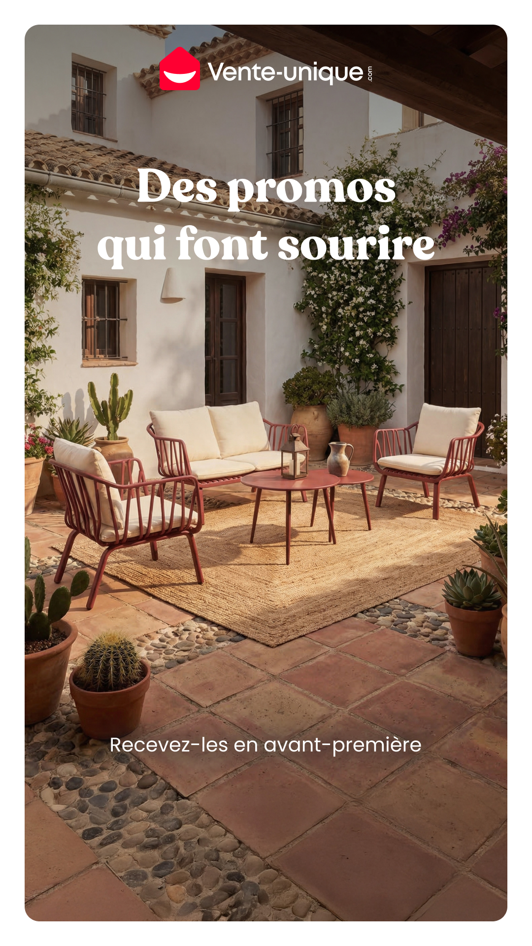 Vente-unique.com Facebook ad: Promos meubles à ne pas manquer